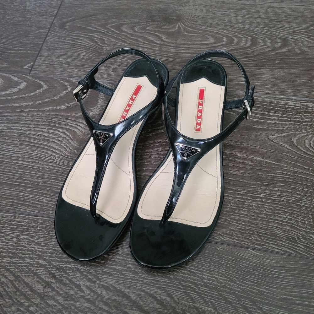 Prada Logo Patent Low Wedge Thong Sandals